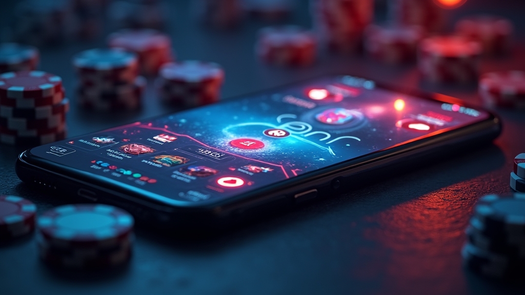 Android phone showing a sleek casino app interface in a dark neon setting