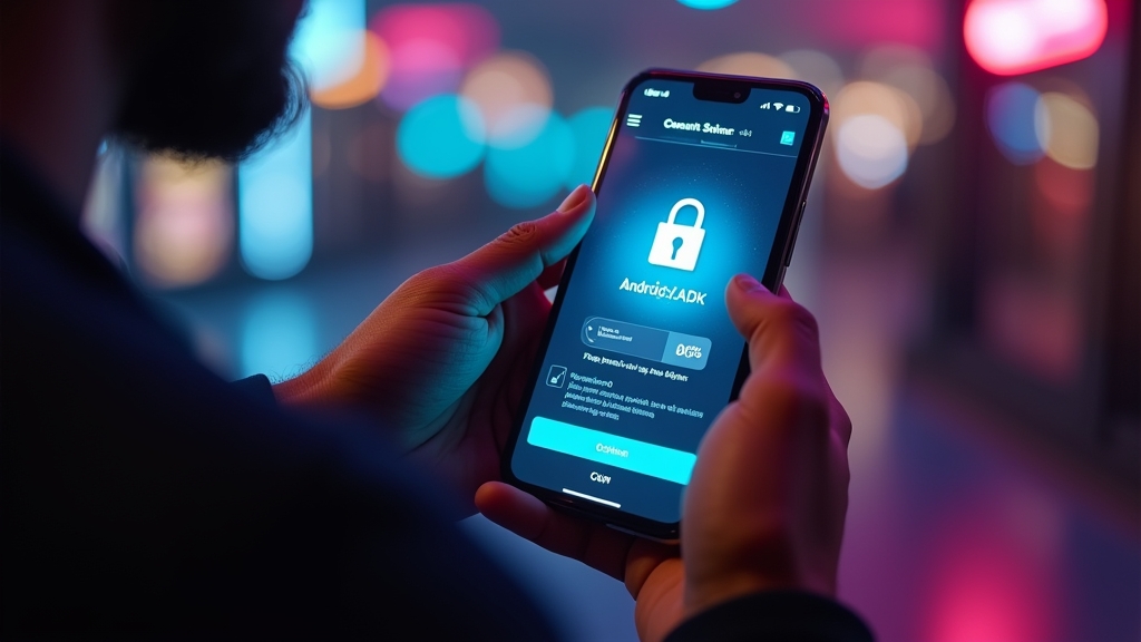 Smartphone screen with APK download details and a security check in a dark casino scene