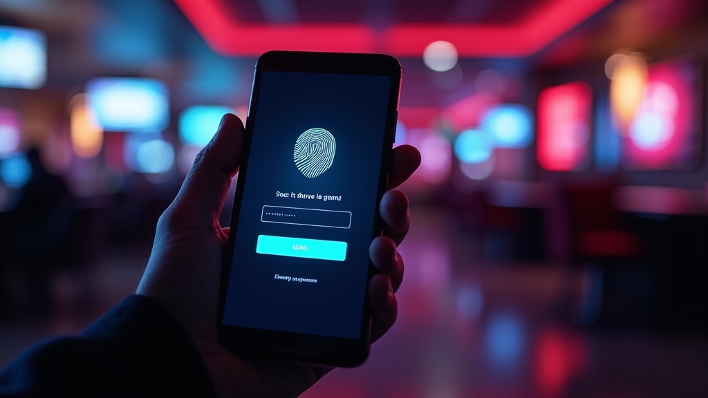 Secure mobile login screen with fingerprint access in a casino atmosphere